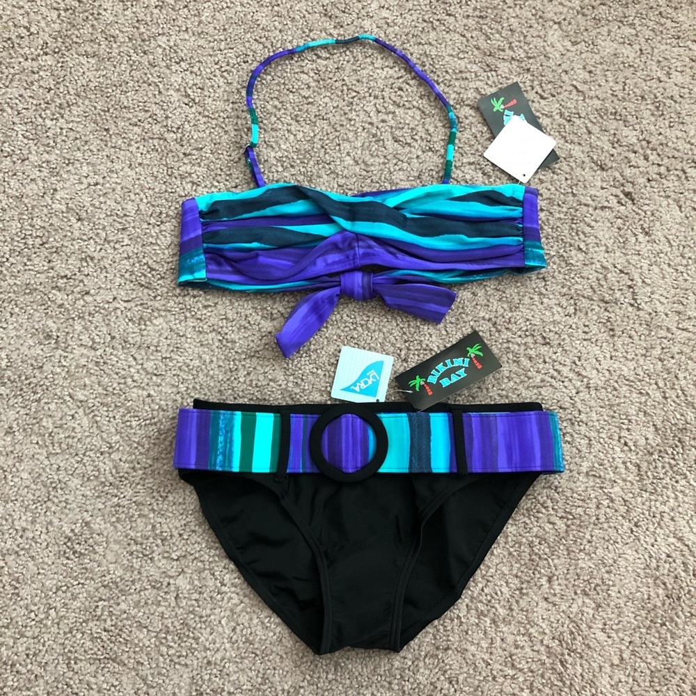 Bikini Bay Twisted Bandeau Bikini Swim Set Purple Blue